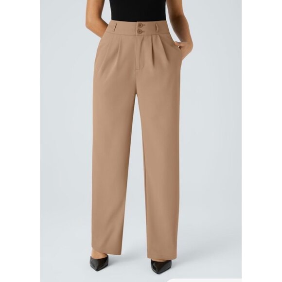 HALARA Pants - Halara High Waisted Shirred Straight Leg Work Pants Sz Medium Womens Beige Pocke